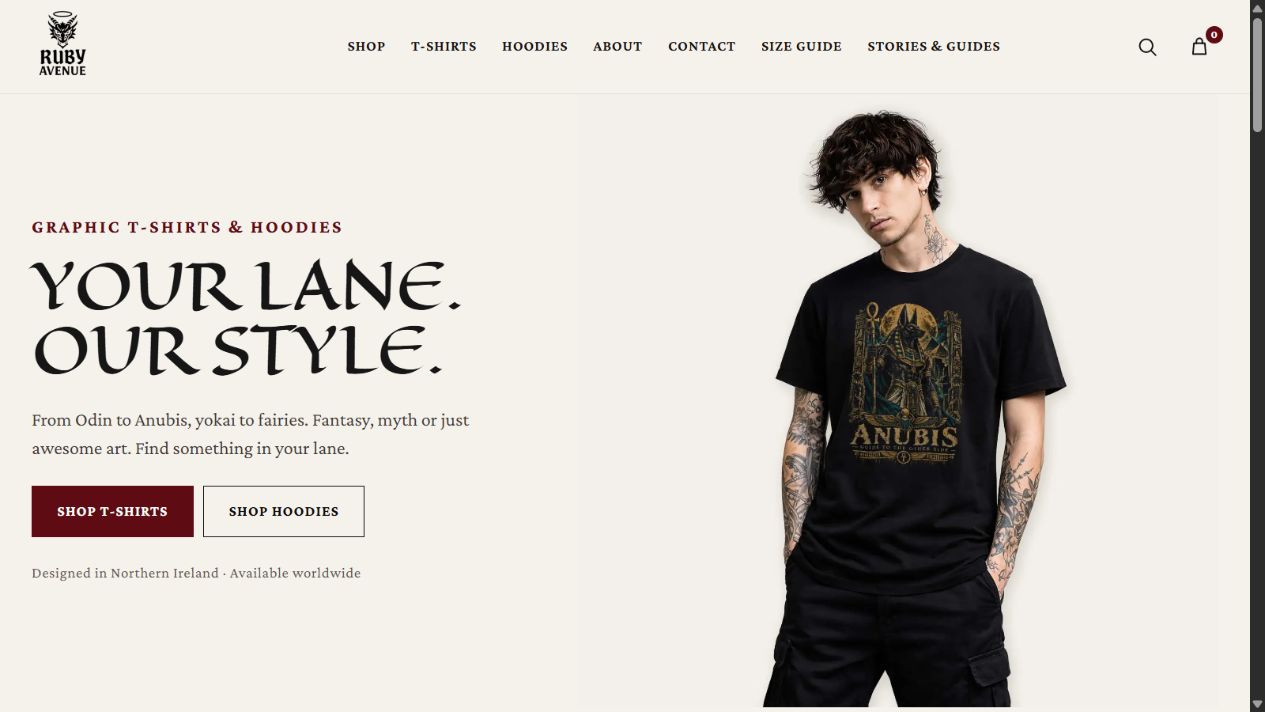 Current Ruby Avenue homepage showing Your Lane, Our Style and the Anubis T-shirt