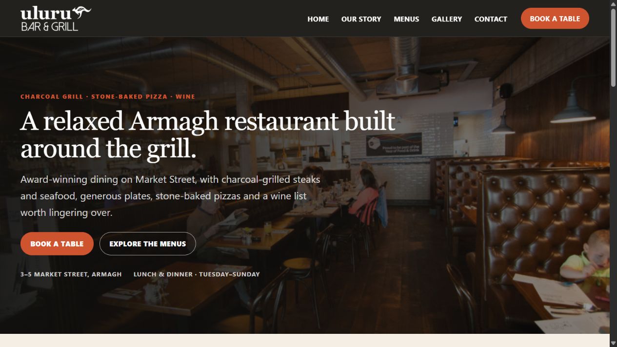 Uluru Bar and Grill redesigned homepage with restaurant imagery, navigation and booking buttons