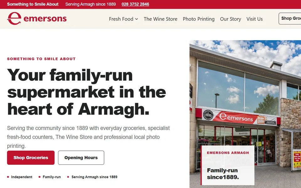 H.A. Emerson & Sons website homepage showing the Armagh supermarket
