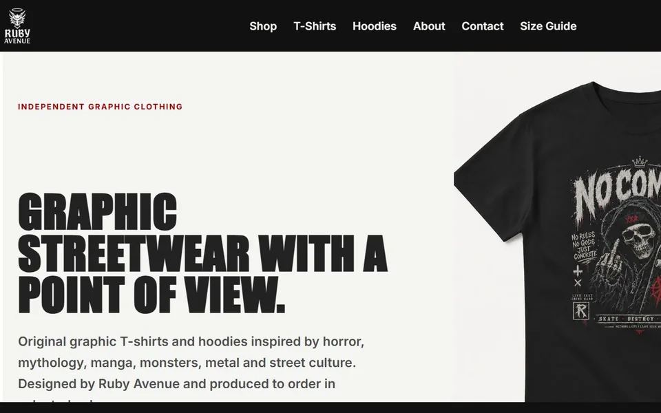 Ruby Avenue ecommerce homepage showing graphic streetwear